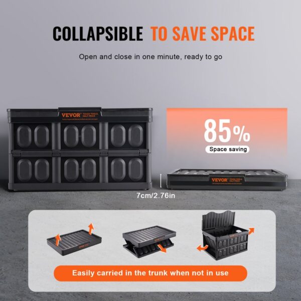 VEVOR collapsible storage bins save 85% space, easy to carry in the trunk, opens and closes in one minute.