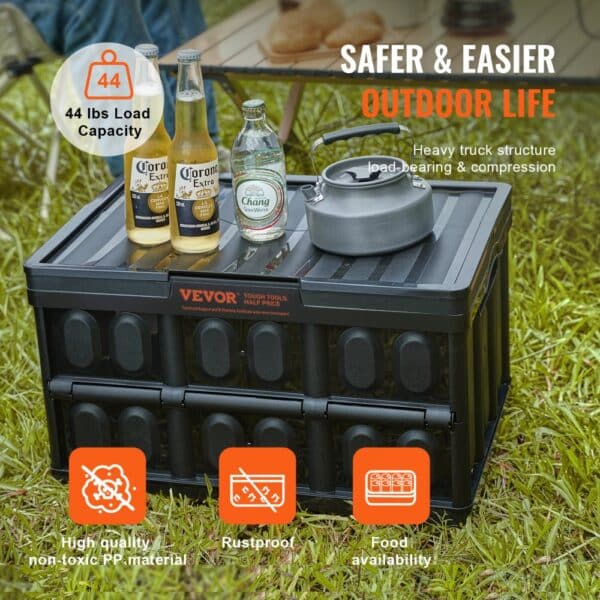 VEVOR collapsible storage bins used for outdoor activities; shown holding bottles and a kettle.