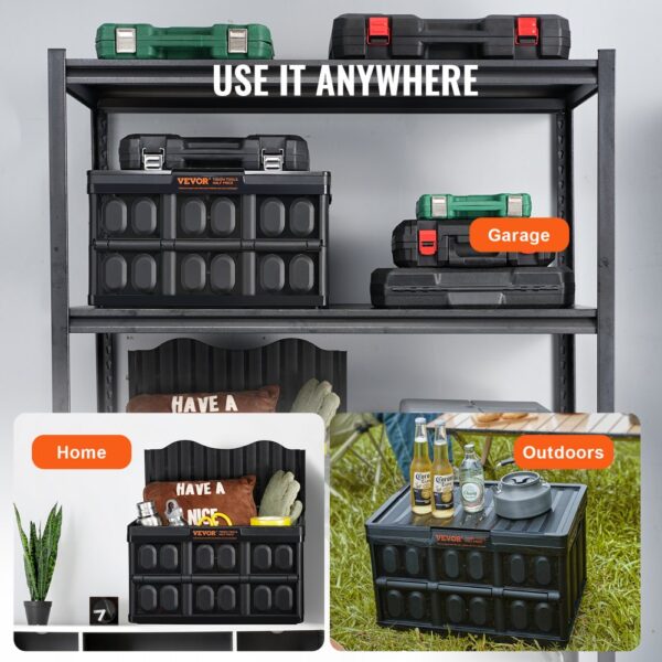 VEVOR collapsible storage bins in garage, home, and outdoor settings with various items stored.