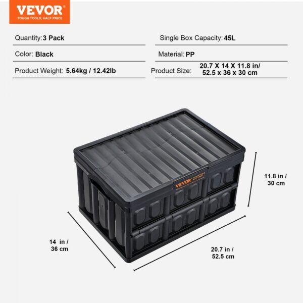 VEVOR collapsible storage bins, 3 pack, black, 45l capacity, size 20.7x14x11.8 in, 5.64kg/12.42lb.