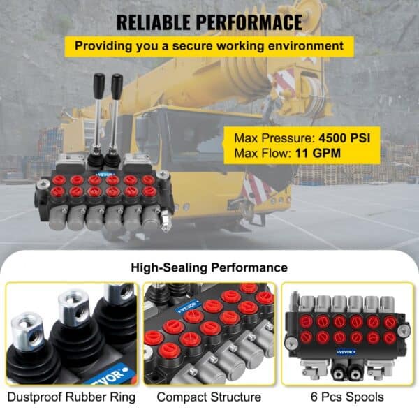 VEVOR hydraulic control valve with 6 pcs spools, dustproof rubber rings, compact structure.