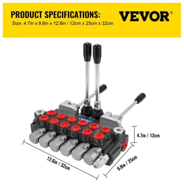 VEVOR hydraulic control valve with handle levers and product dimensions.