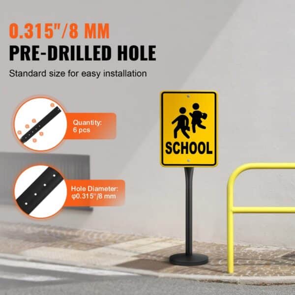 yellow school sign on black VEVOR cast iron sign post with pre-drilled holes for easy installation.