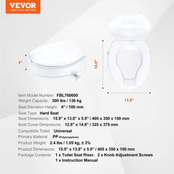 VEVOR Raised Toilet Seat, 4" Height Raised, 300 lbs Weight Capacity, Universal Toilet Seat Riser, Screw Rod Locking, with Toilet Seat, for Elderly, Handicap, Patient, Pregnant, Medical