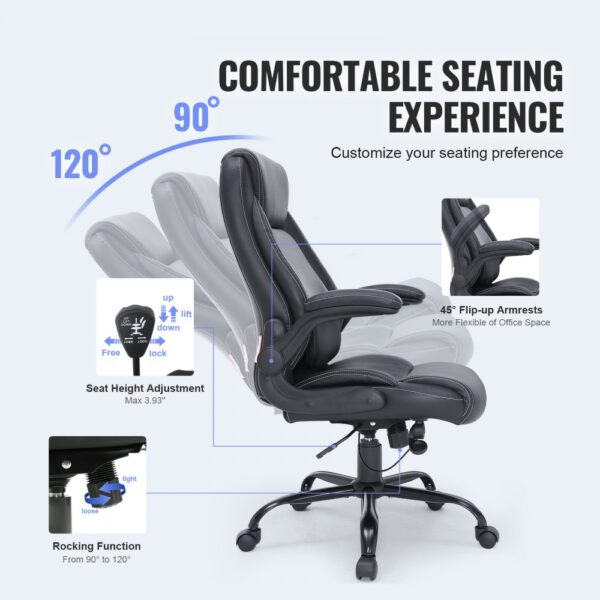 VEVOR executive office chair with adjustable height, 45° flip-up armrests, and rocking function.