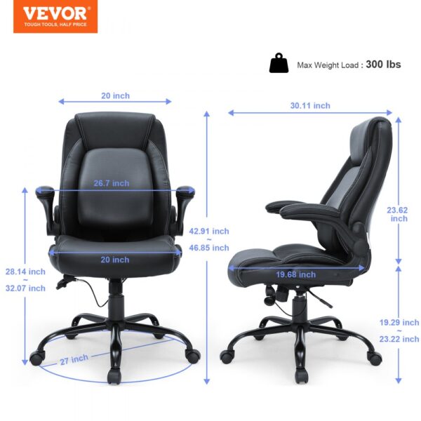 VEVOR executive office chair dimensions: 26.7" backrest, 20" seat, max weight: 300 lbs.