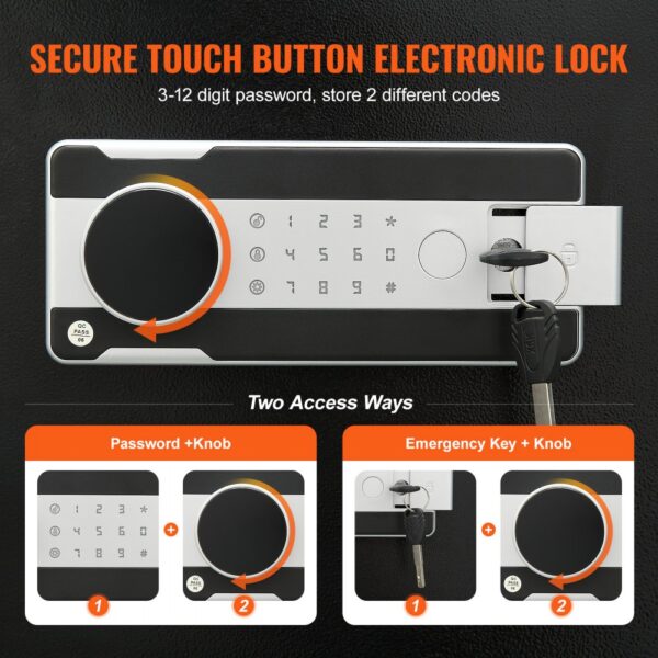 VEVOR depository safe with secure touch button electronic lock, keypad, and emergency key access.