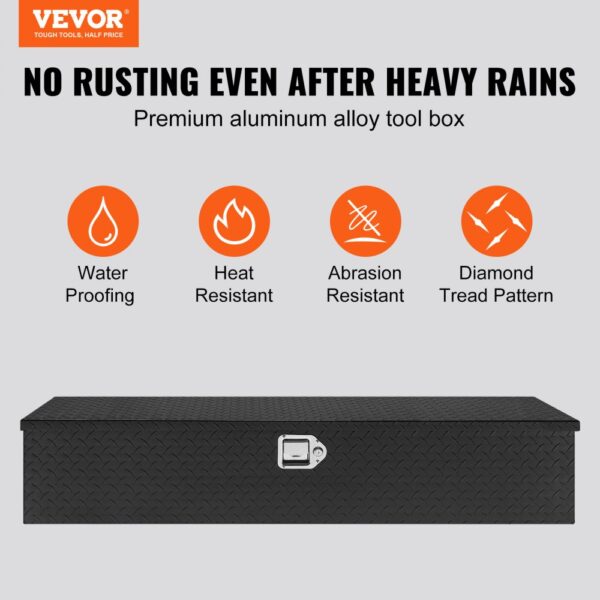 VEVOR truck bed tool box with waterproof, heat resistance, abrasion resistance, and diamond tread pattern.