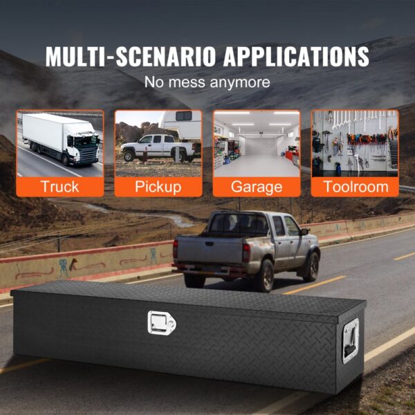 VEVOR truck bed tool box with truck, pickup, garage, and toolroom applications under a mountainous backdrop.