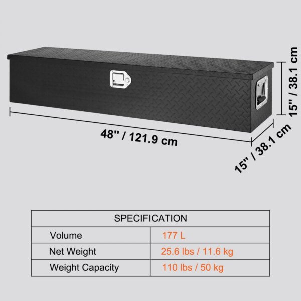 VEVOR truck bed tool box, 48" x 15" x 15", 177l volume, 110 lbs capacity, 25.6 lbs weight.