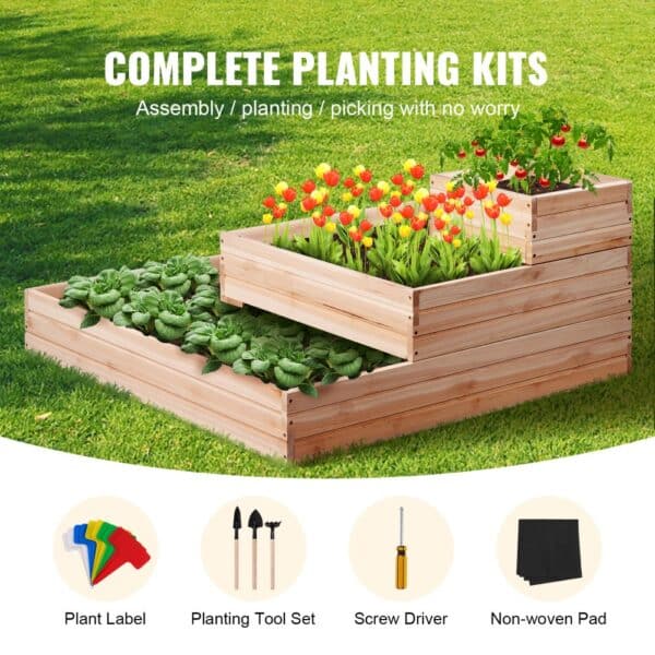 VEVOR raised garden bed with vibrant flowers and leafy greens, complete planting kit included.