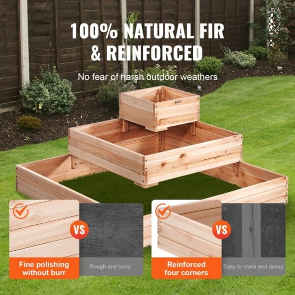 VEVOR raised garden bed made from natural fir, showing fine polishing and reinforced corners in a backyard.