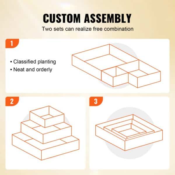 custom assembly options for VEVOR raised garden bed, featuring three versatile configurations.