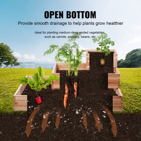 VEVOR raised garden bed with open bottom, displaying healthy carrot, radish plants, and effective drainage.