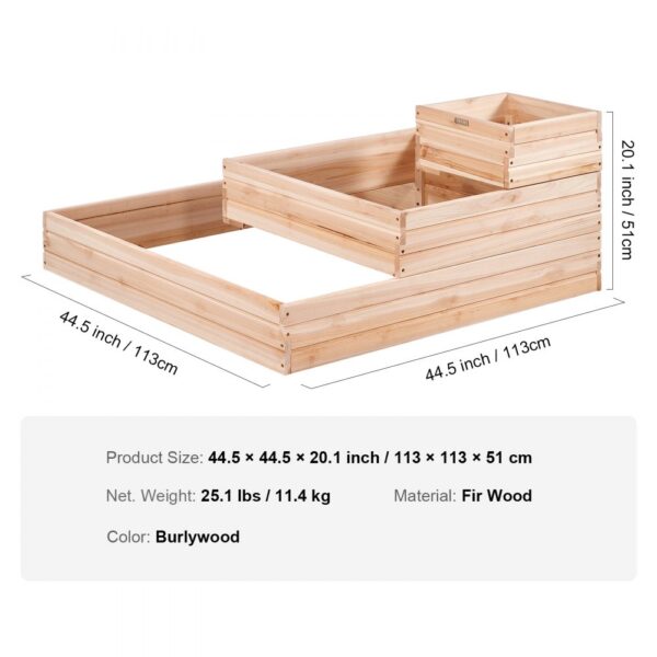 VEVOR raised garden bed made of fir wood, burlywood color, dimensions 44.5x44.5x20.1 inches.