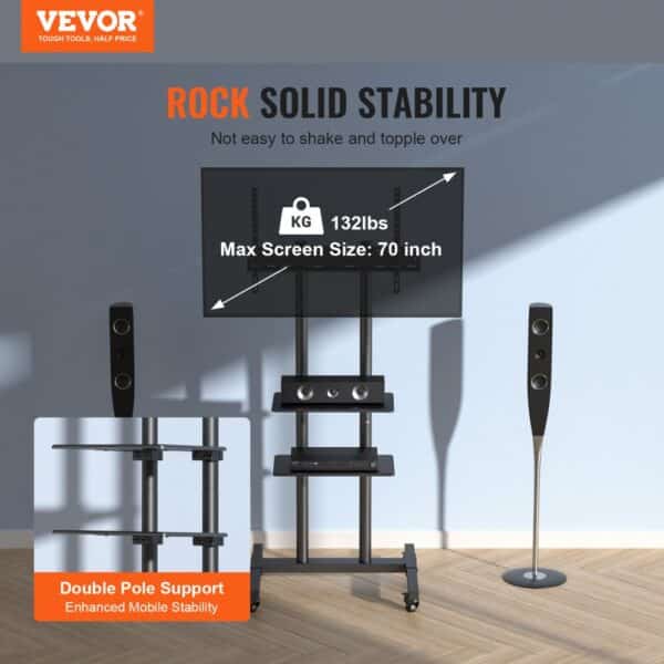 VEVOR mobile tv stand with double pole support, max screen size 70 inches, holds up to 132lbs.