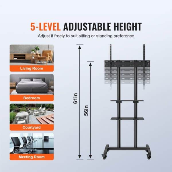 5-level adjustable VEVOR mobile tv stand with height scale and usage examples in living room, bedroom, courtyard, and meeting room.