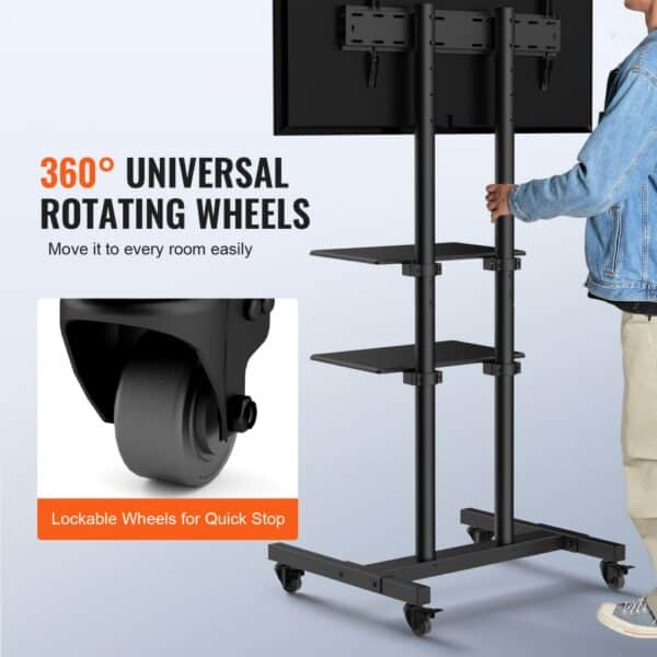 VEVOR mobile tv stand with 360° rotating wheels and lockable features for easy mobility.