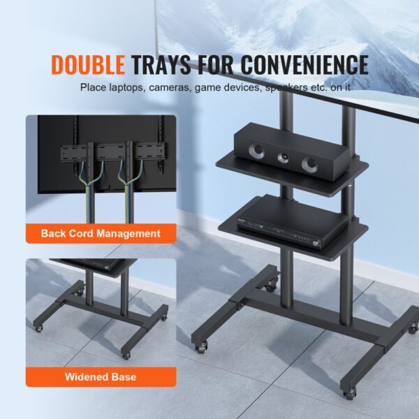 VEVOR mobile tv stand with double trays, back cord management, and a widened base for stability.