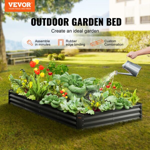 VEVOR raised garden bed in a green outdoor lawn, filled with vibrant vegetables and blooming flowers.