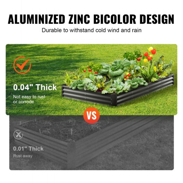 VEVOR raised garden bed with aluminized zinc bicolor design, 0.04" thick, durable against rust and corrosion.