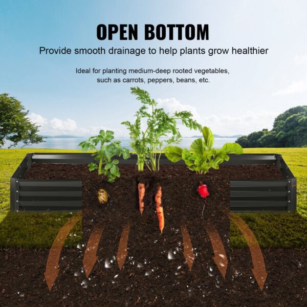 VEVOR raised garden bed with open bottom for drainage, growing carrots, radishes, and potato plants.