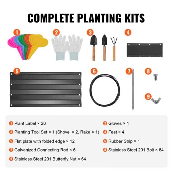 complete planting kit components for VEVOR raised garden bed, including plant labels, tools, gloves, and more.