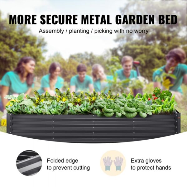 VEVOR garden bed with plants, folded edge for safety, and extra gloves illustration in the foreground.