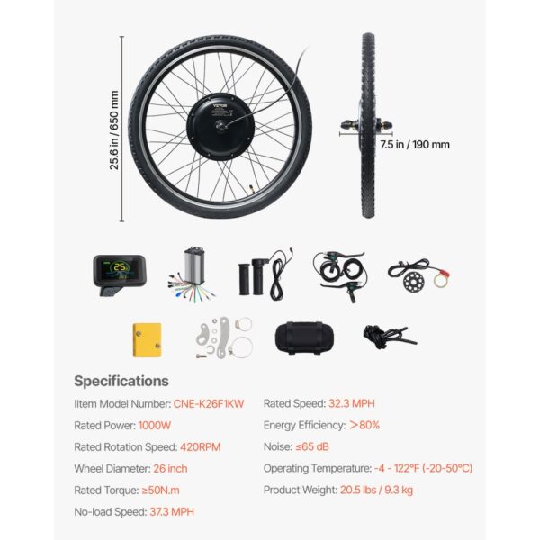 VEVOR 1000W Electric Bike Conversion Kit 48V 26" Front Wheel E-Bike Hub Motor