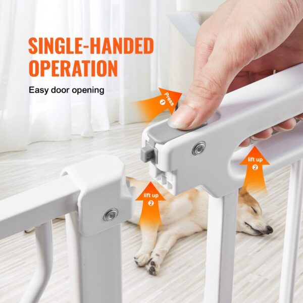 single-handed operation for VEVOR baby gate, easy door opening, pet sleeping in the background.