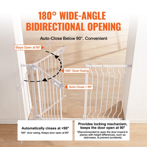 VEVOR baby gate with 180° wide-angle, bidirectional opening, and auto-close below 90° for safety.