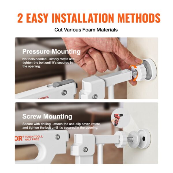 VEVOR baby gate installation: pressure mounting and screw mounting methods. easy to secure, safety ensured.