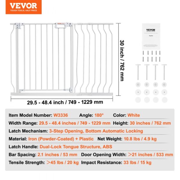 VEVOR baby gate, white, 30 inch height and adjustable width, with 3-step opening and dual-lock handle.