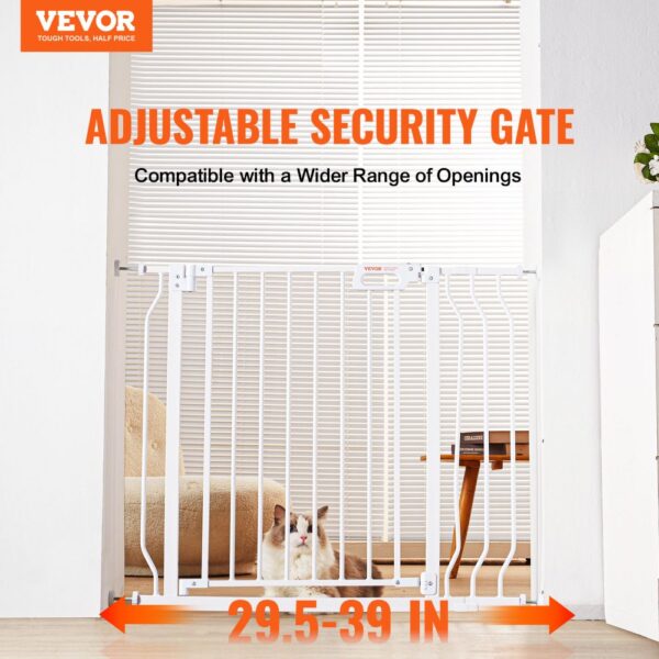 VEVOR baby gate adjustable security gate, white, compatible with openings 29.5-39 inches, cat sitting behind.