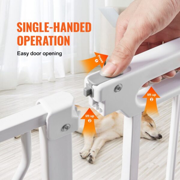 VEVOR baby gate single-handed operation for easy door opening, secure latch mechanism, sleeping dog nearby.