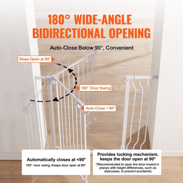 VEVOR baby gate with 180° wide-angle bidirectional opening, auto-close at <90°, stays open at 90°.