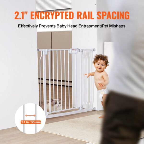 VEVOR baby gate with 2.1-inch encrypted rail spacing preventing baby head entrapment and pet mishaps.