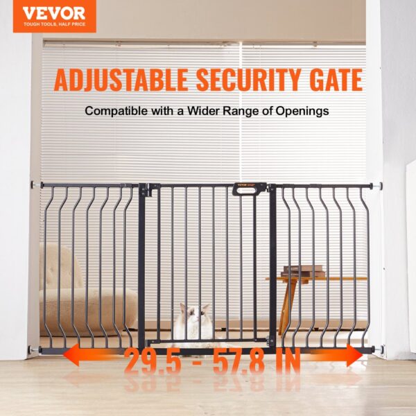 VEVOR baby gate adjustable security gate spanning 29.5 to 57.8 inches with a white cat in the background.