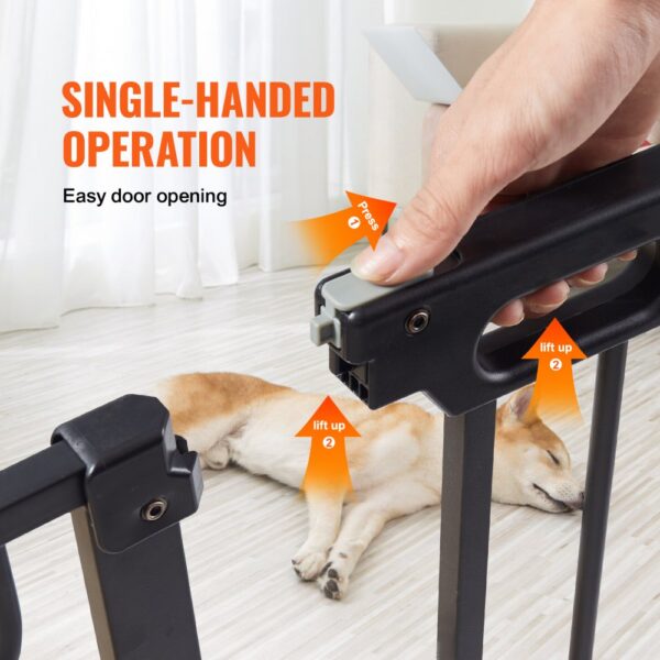 hand opening VEVOR baby gate with sleeping dog nearby on light wood floor, caption "single-handed operation".