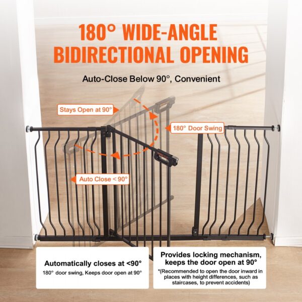 VEVOR baby gate with 180-degree bidirectional opening and auto-close below 90 degrees, convenient use