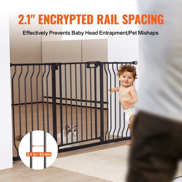 VEVOR baby gate with 2.1" encrypted rail spacing to prevent baby head entrapment and pet mishaps.