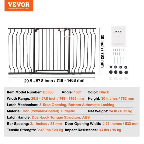 VEVOR baby gate, black, 30-inch height, adjustable width 29.5-57.8 inches, dual-lock latch mechanism.