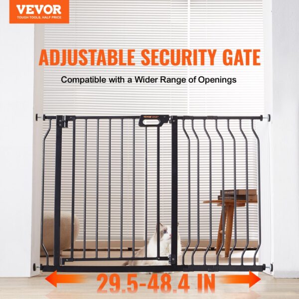 VEVOR baby gate adjustable security gate fitting openings from 29.5 to 48.4 inches, with a cat behind it.