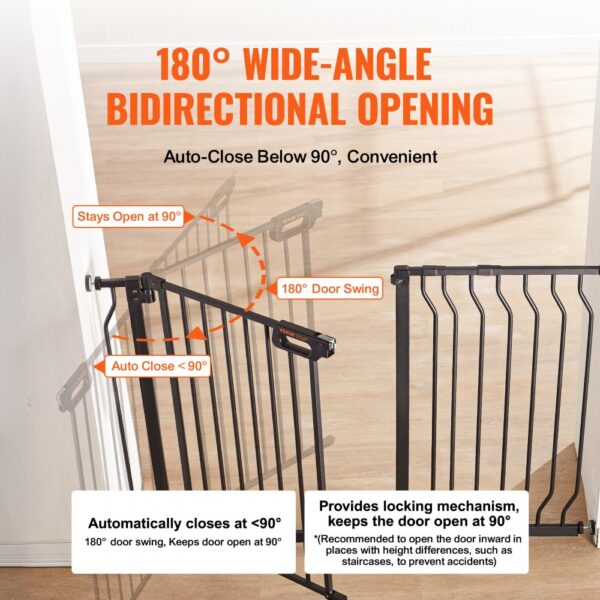 VEVOR baby gate with 180° wide-angle bidirectional opening and auto-close feature below 90°.