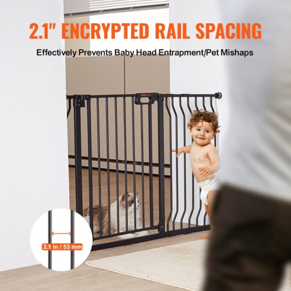 VEVOR baby gate with 2.1" encrypted rail spacing, prevents baby head entrapment and pet mishaps.