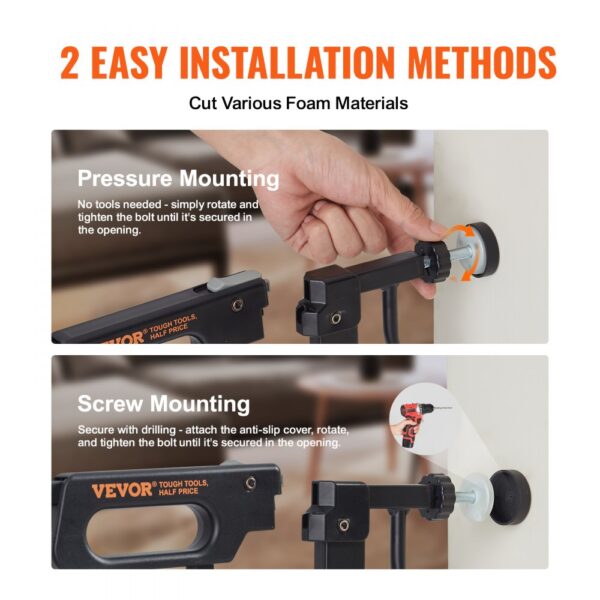 two installation methods for VEVOR baby gate: pressure mounting and screw mounting.