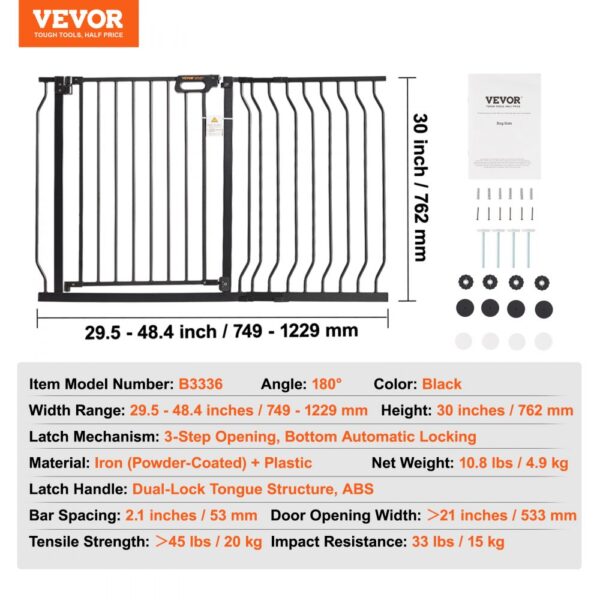 VEVOR baby gate, adjustable width 29.5-48.4 inches, height 30 inches, black, dual-lock latch mechanism.