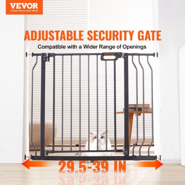 VEVOR baby gate in black, adjustable width 29.5-39 inches, with a cat behind it and white blinds.