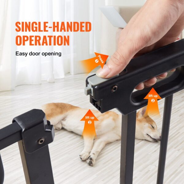 single-handed operation of VEVOR baby gate with easy door opening, dog sleeping in the background.