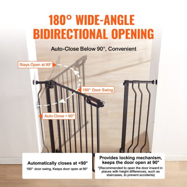 VEVOR baby gate with 180° wide-angle bidirectional opening and auto-close below 90°, stays open at 90°.